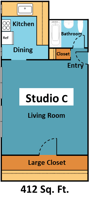 A floor plan of a 412 square foot studio apartment with a living room, kitchen, dining area, bathroom, and closet.