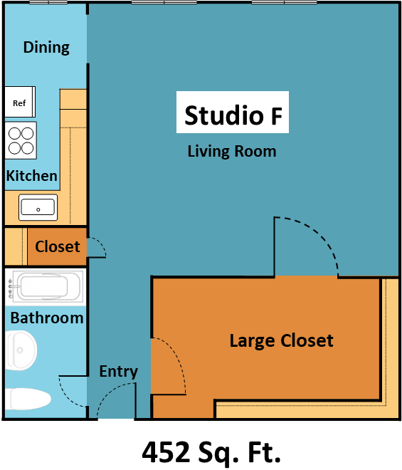 Floor Plan  A floor plan of a studio apartment with a living room, kitchen, bathroom, and closet.