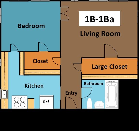 A diagram of a living room with a large closet and a kitchen area.
