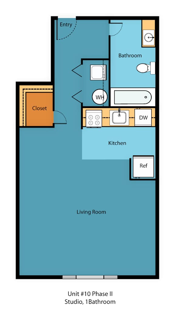 A floor plan of a studio apartment with a living room, kitchen, bathroom, and closet.