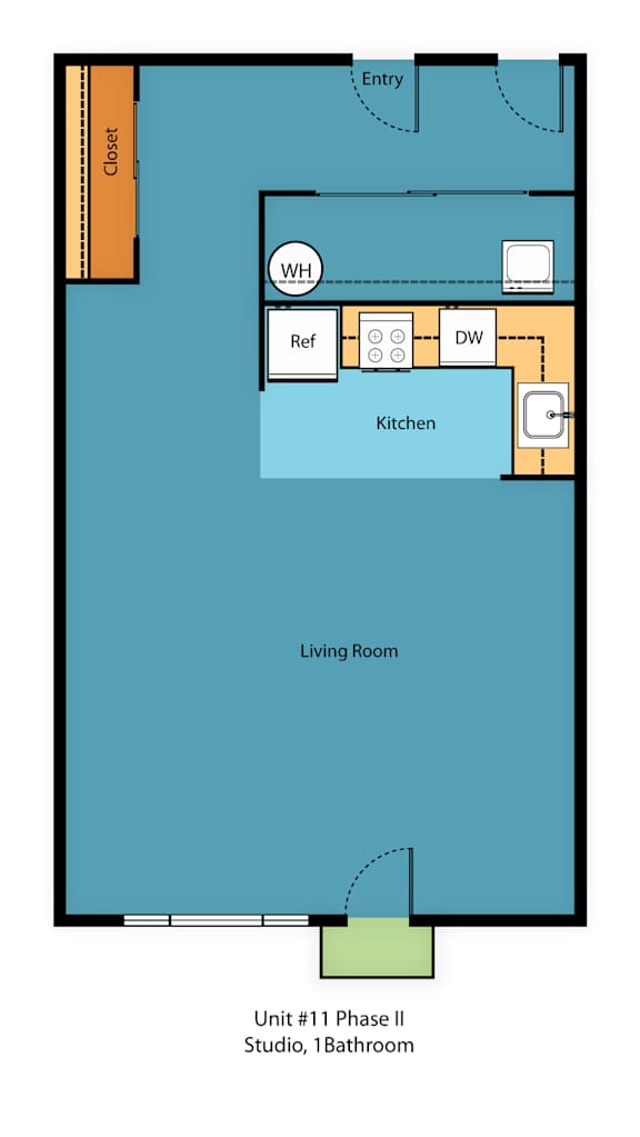 A floor plan of a living space with a kitchen, living room, and bathroom.