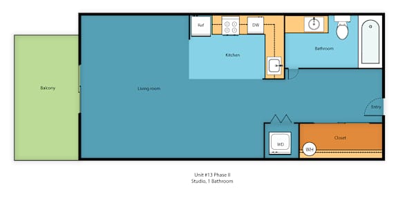 A floor plan of a studio apartment with a living room, kitchen, bathroom, and closet.