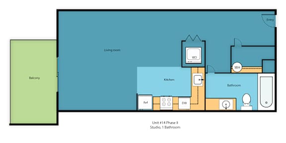 A floor plan of a studio apartment with a living room, kitchen, bathroom, and a balcony.