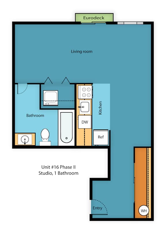 A floor plan of a studio apartment with a bathroom, kitchen, and living room.
