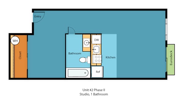 A floor plan of a studio apartment with a bathroom and kitchen.