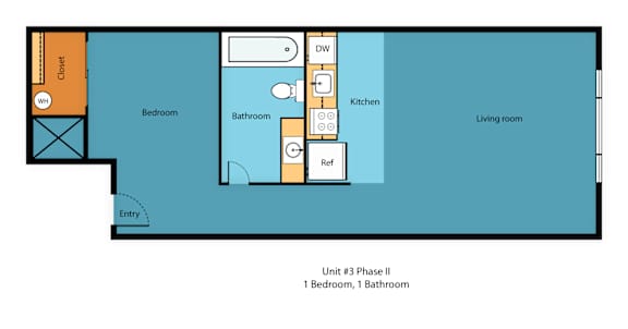 A diagram of a living space showing the layout of a kitchen, dining area, and bedroom.