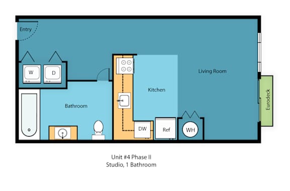 A floor plan of a studio apartment with a living room, kitchen, and bathroom.