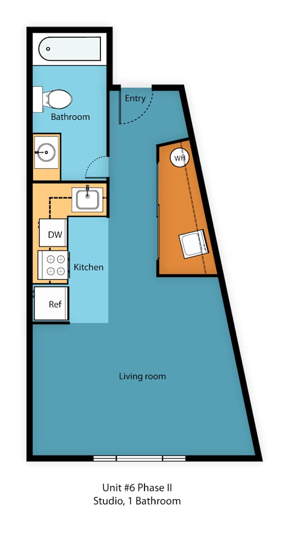 A diagram of a studio apartment with a living room, kitchen, and bathroom.