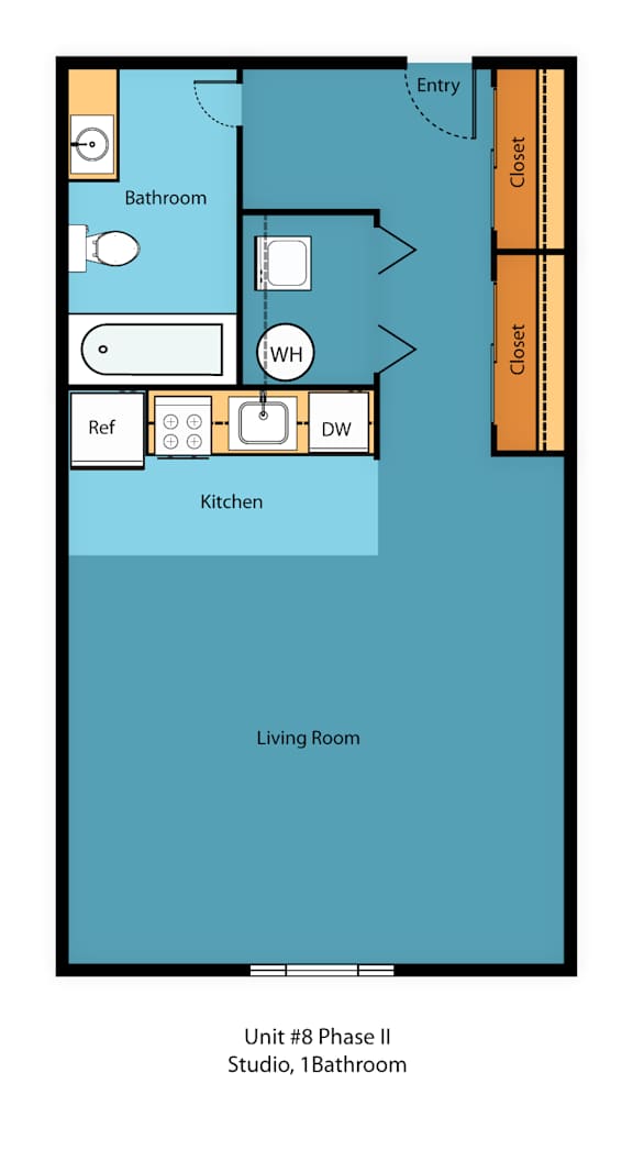 A floor plan of a studio apartment with a bathroom, kitchen, and living room.