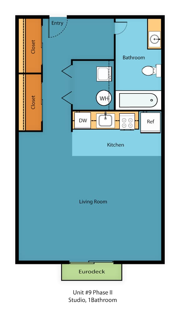 A floor plan of a studio apartment with a living room, kitchen, bathroom, and entry/closet.