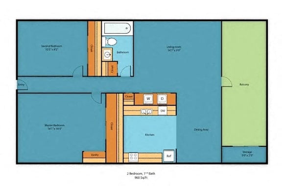 A floor plan of a house with two bedrooms, one bathroom, a kitchen, and a storage area.