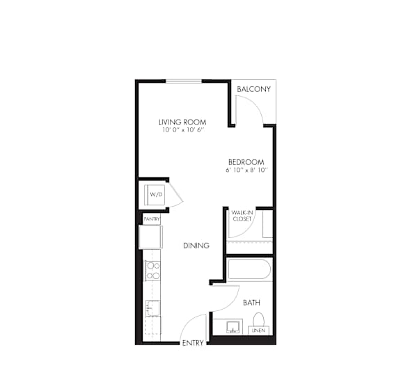 A floor plan of a small apartment with a living room, dining room, kitchen, and bathroom.