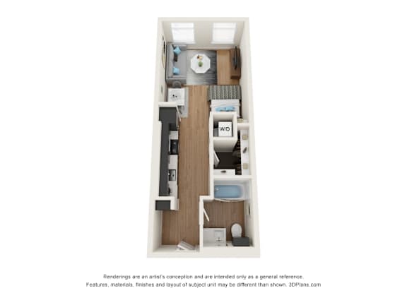 A 3D floor plan of a small apartment with a kitchen, living room, and bathroom.