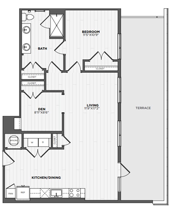 A floor plan of a house with a den, living room, kitchen/dining area, bathroom, and bedrooms.