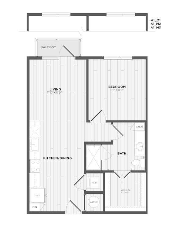 A black and white image of a house floor plan with a living room, kitchen/dining area, bedroom, bathroom, and balcony.