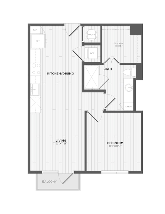 A floor plan of a house with a living room, dining room, kitchen, bathroom, and bedroom.