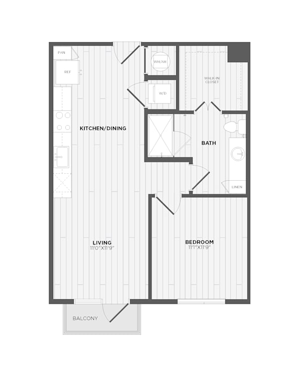 A floor plan of a house with a living room, kitchen, dining room, and two bedrooms.