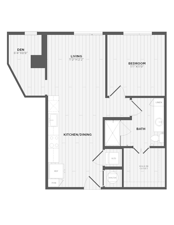 A black and white floor plan of a house with a den, living room, kitchen/dining area, bathroom, and bedroom.