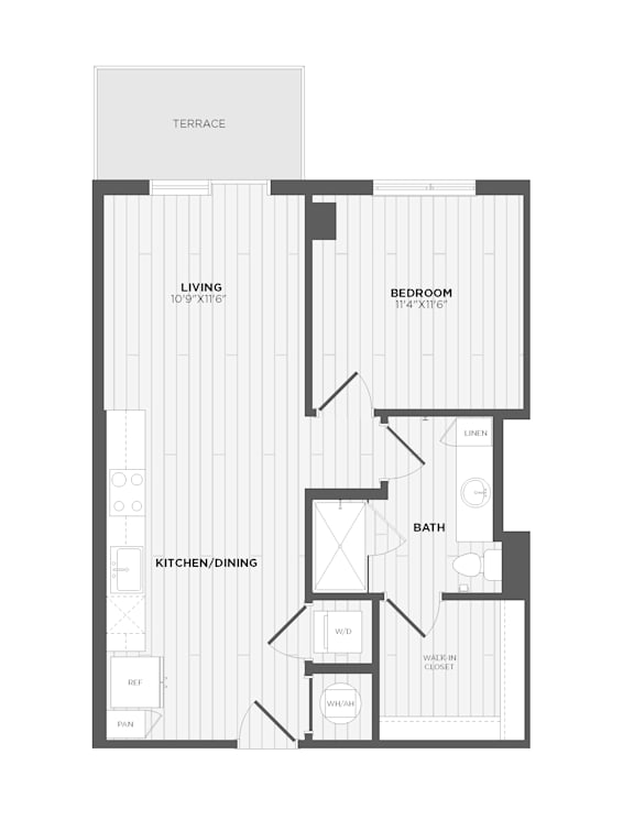 A floor plan of a house with a living room, bedroom, bathroom, and kitchen/dining area.
