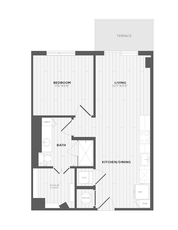 A floor plan of a house with a living room, two bedrooms, a bathroom, a kitchen/dining area, and a laundry room.
