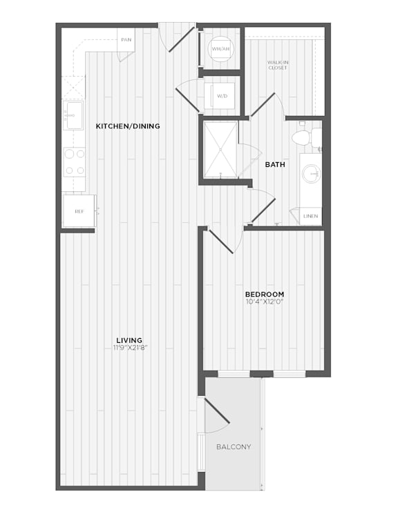 A black and white floor plan of a house with a living room, kitchen, dining room, bathroom, bedroom, and balcony.