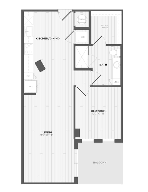 A floor plan of a house with a kitchen, dining room, bathroom, bedroom, and balcony.
