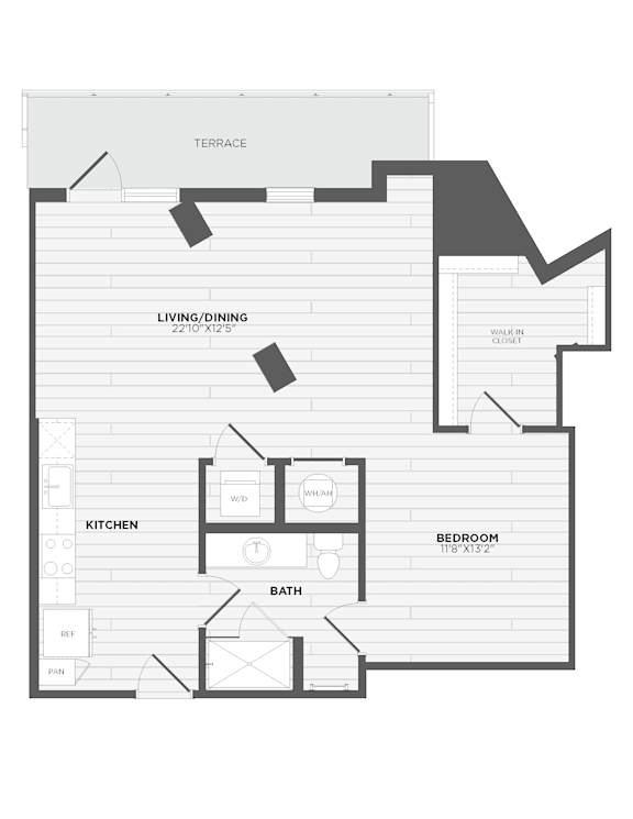 A floor plan of a house with a living room, kitchen, bathroom, and bedroom.