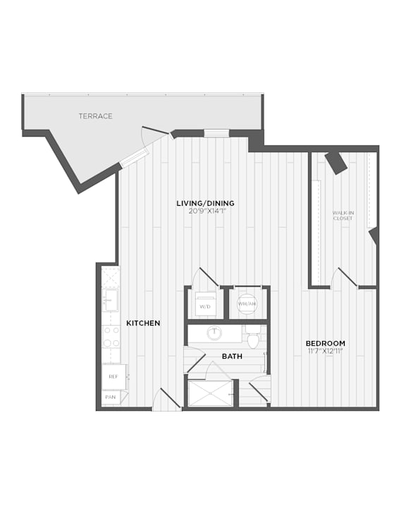 A floor plan of a house with a living room, dining room, kitchen, and two bathrooms.