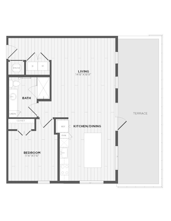 A floor plan of a small apartment with a living room, kitchen/dining area, bathroom, and bedroom.