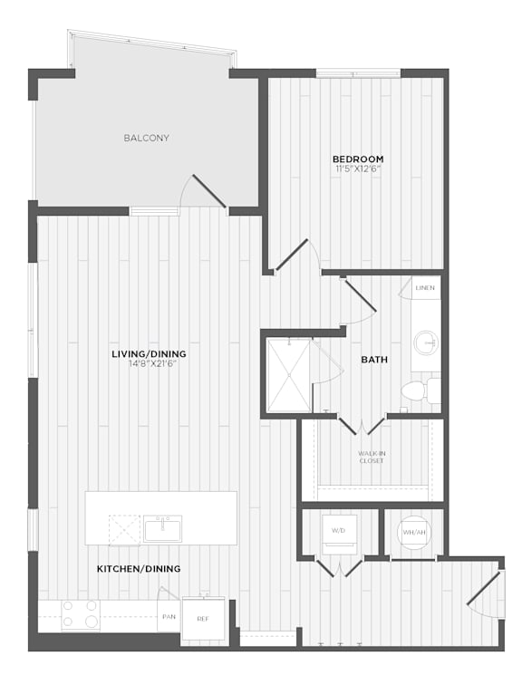 A black and white floor plan of an apartment with a balcony, living/dining area, kitchen/dining area, and bathroom.