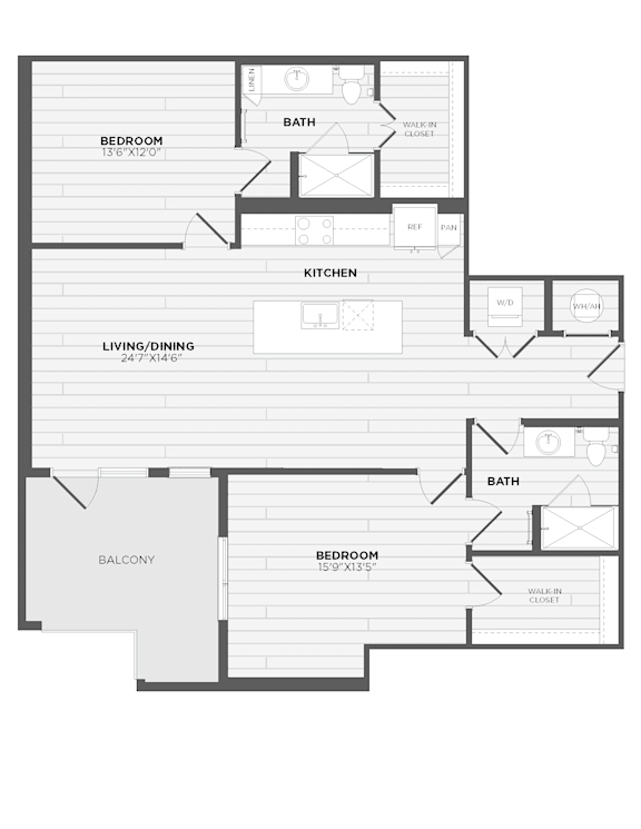A floor plan of an apartment with a living room, kitchen, two bedrooms, a bathroom, and a balcony.