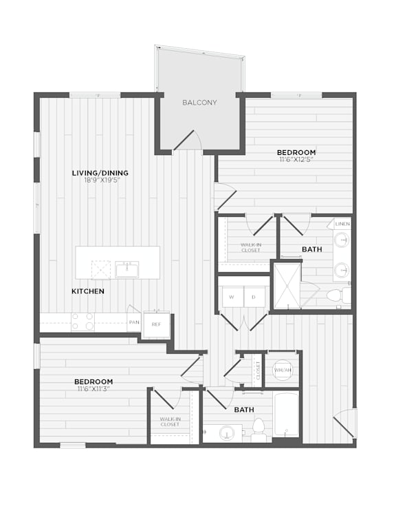 A black and white image of a floor plan for an apartment.