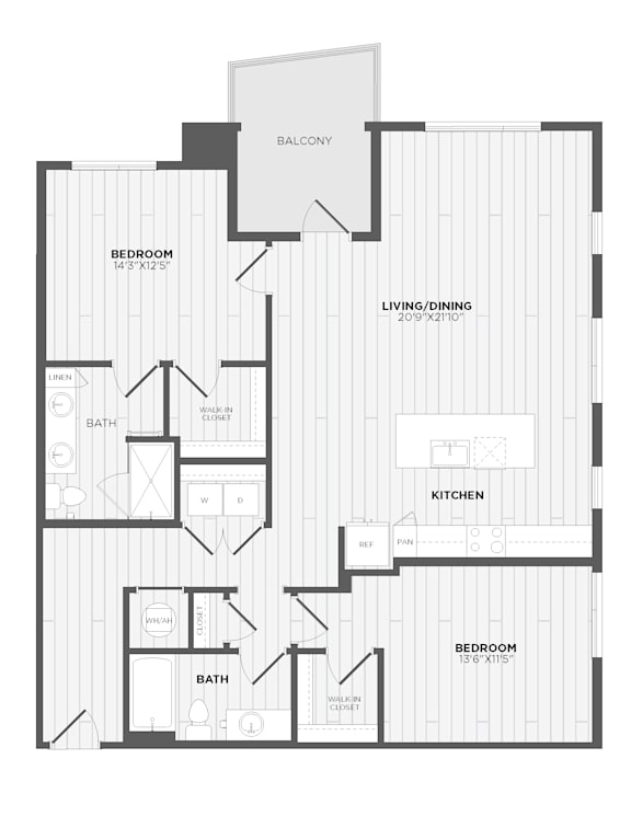 A floor plan of a house with a balcony, two bedrooms, a living/dining area, a kitchen, and two bathrooms.