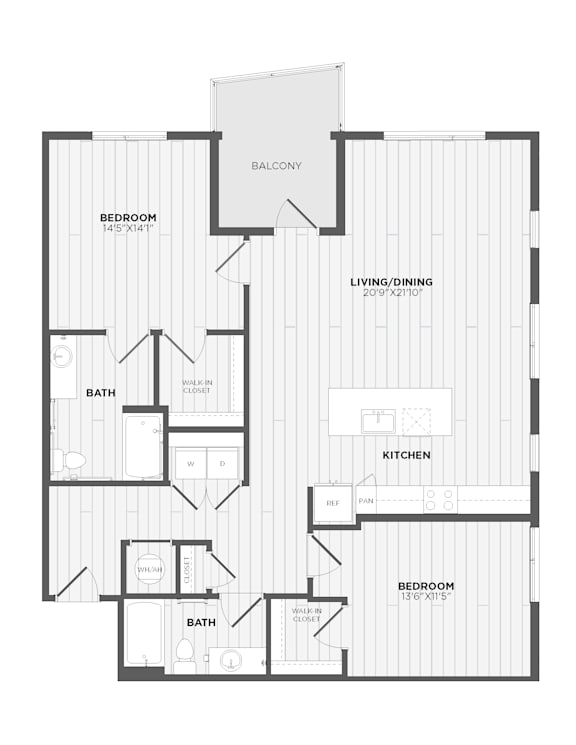 A black and white image of a house floor plan with a balcony, two bedrooms, a living/dining area, a kitchen, and two bathrooms.