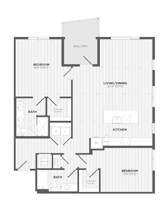 A black and white image of a floor plan for a two-bedroom apartment.