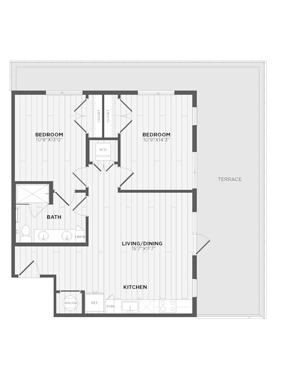A black and white image of a floor plan for a house with two bedrooms, a bath, a living/dining area, and a kitchen.