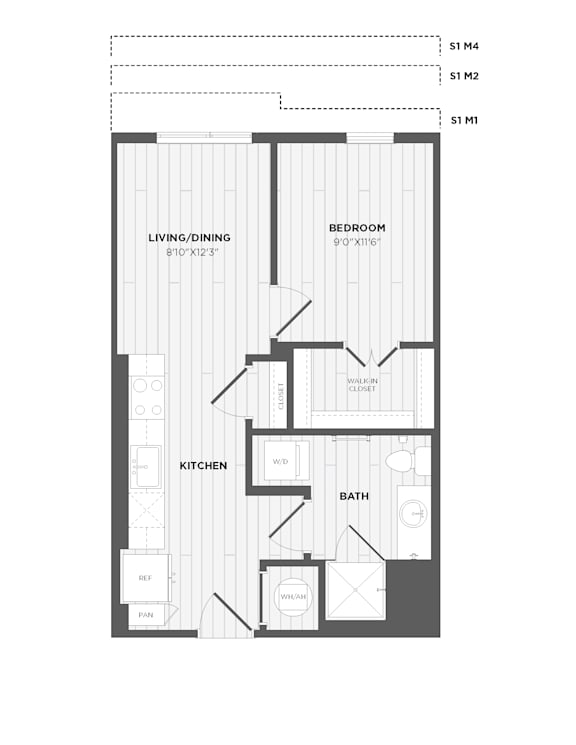 A floor plan of a home with a living/dining area, kitchen, bathroom, and bedroom.