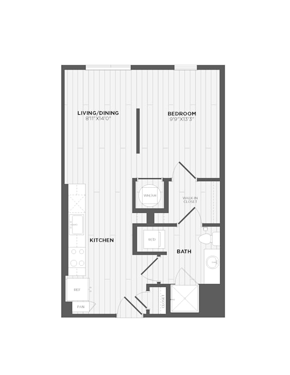 A floor plan of a house with a living room, dining room, kitchen, bathroom, and bedroom.