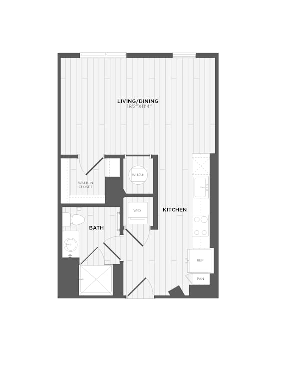 A black and white image of a floor plan for a living/dining room, kitchen, and bathroom.