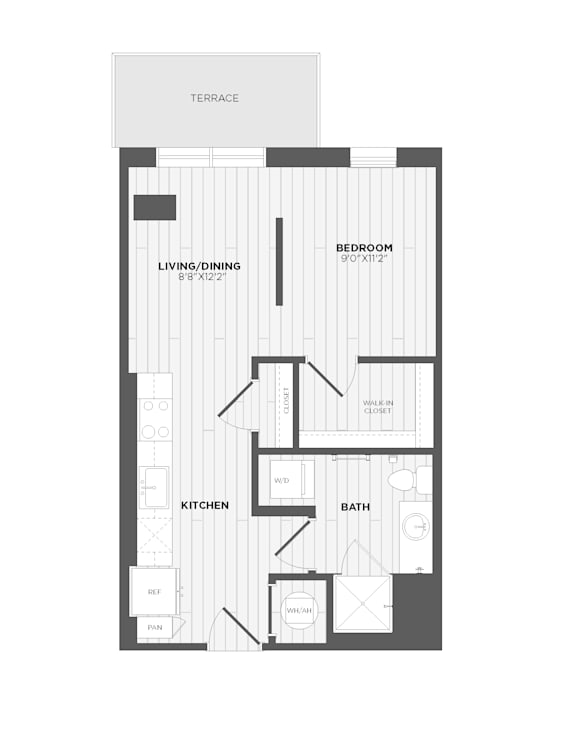A floor plan of a small apartment with a living room, kitchen, bathroom, and bedroom.