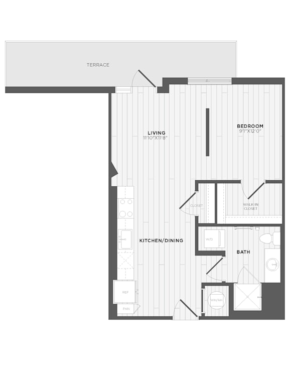 A floor plan of a house with a living room, kitchen/dining area, and bathroom.