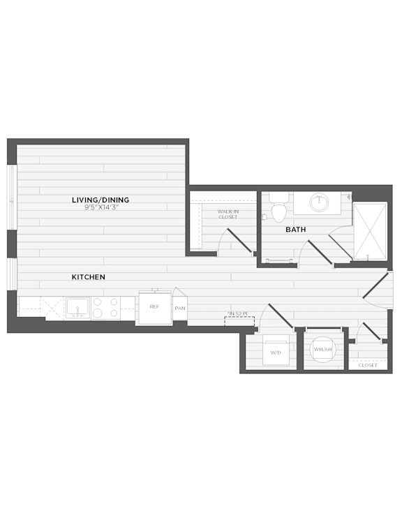 A floor plan of a house with a living/dining area, kitchen, and bath.