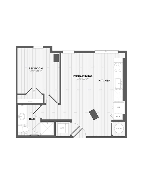 A black and white image of a floor plan for a small apartment.