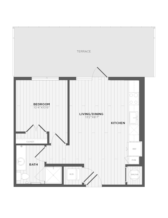 A floor plan of a house with a bedroom, living/dining area, kitchen, bathroom, and closet.