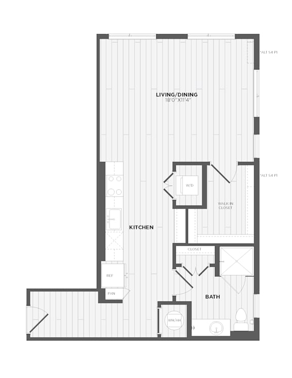 A floor plan of a house with a living/dining area, kitchen, bathroom, and two bedrooms.