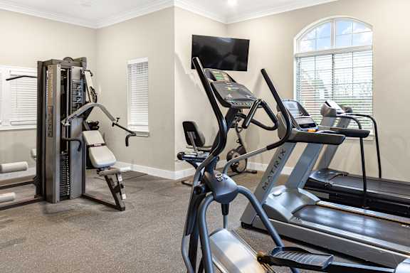 A home gym with a treadmill, a stationary bike, and a weight machine.