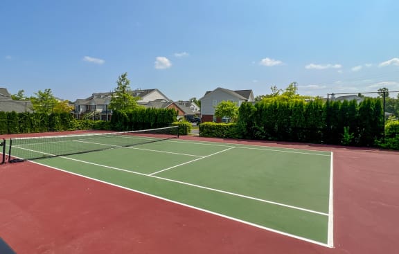 a tennis court with houses in the background on a sunny day
