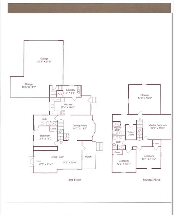A floor plan of a two-story house with labeled rooms and dimensions.