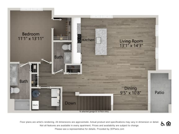 2D Floorplan of The Harrison One bedroom 1.5 bath floorplan