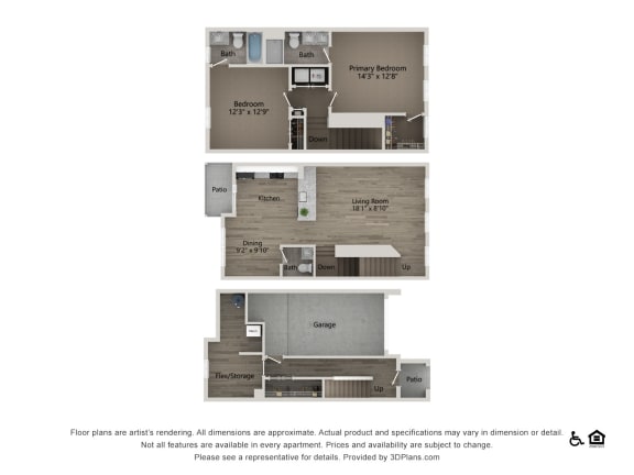 2D floorplan image of The Morrisville 2 bedroom 2.5 Bath Townhome